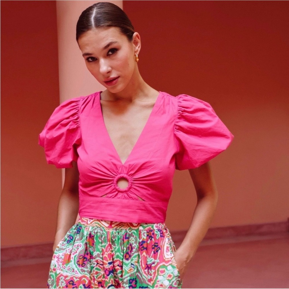 Cleobella Crop Top Womens Small Pink Excellent Puff Sleeve Organic Cotton Ring
